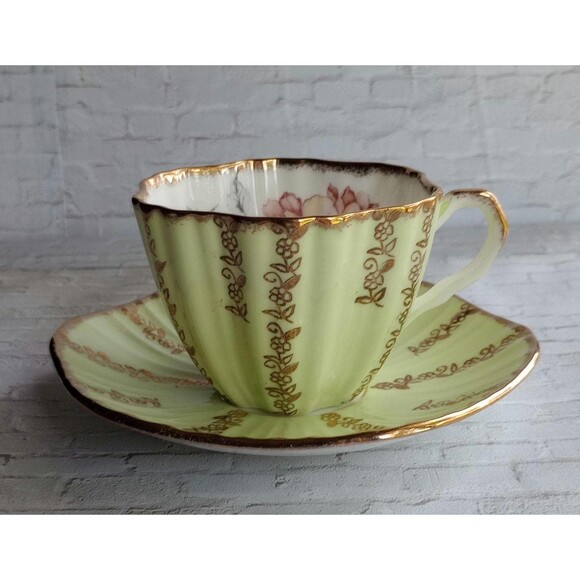 Vintage EB Foley Bone China Tea Cup and Saucer: Yellow Green Gold Floral - Picture 1 of 8